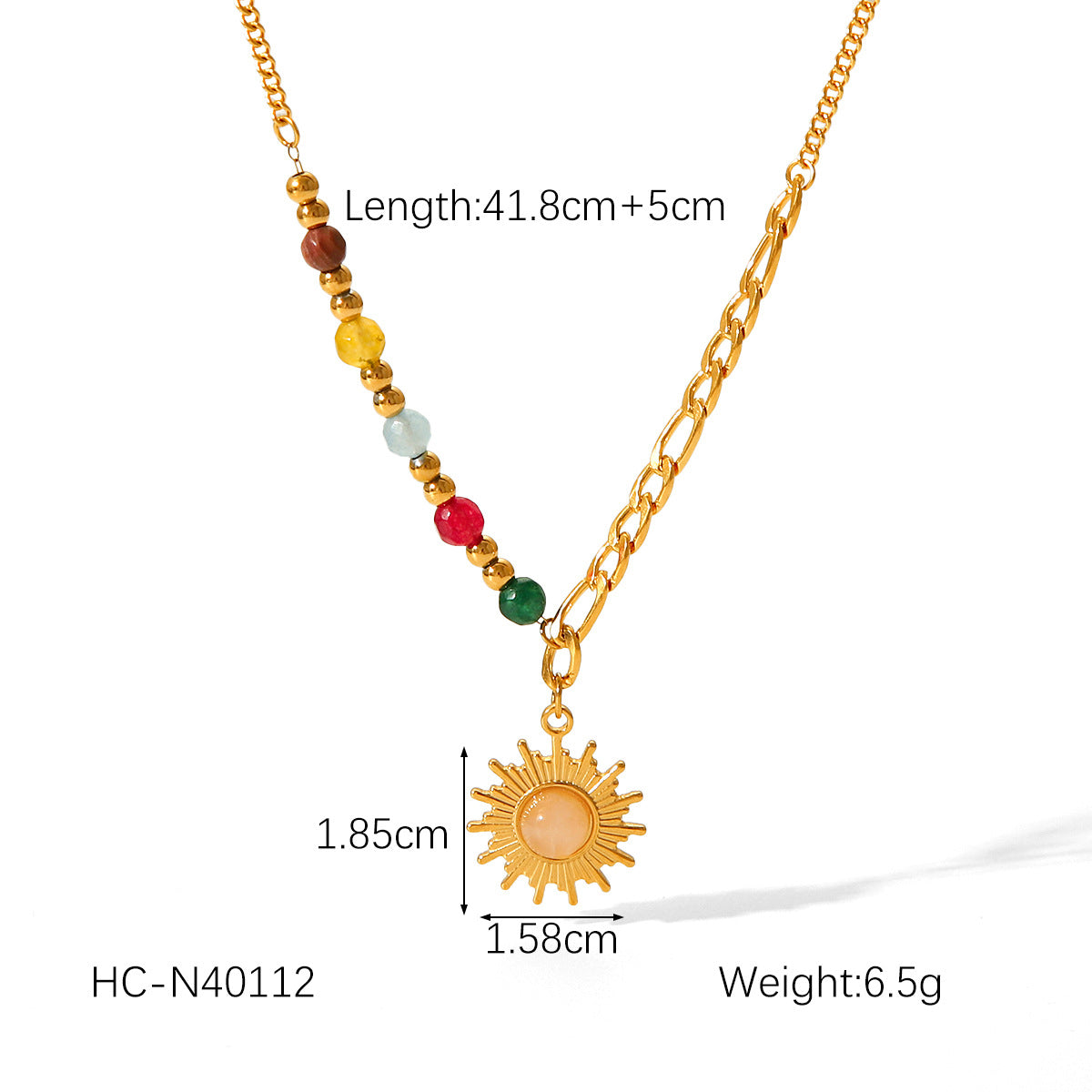 Vintage French Court Style 18K Gold Plated Stainless Steel Geometric Sun Pendant Necklace for Women with Natural Stone Beads