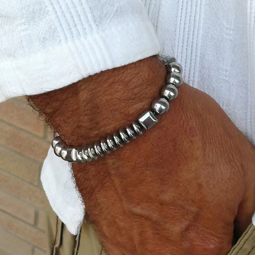 Vintage Geometric Cross Round Stone Bracelet for Men and Women
