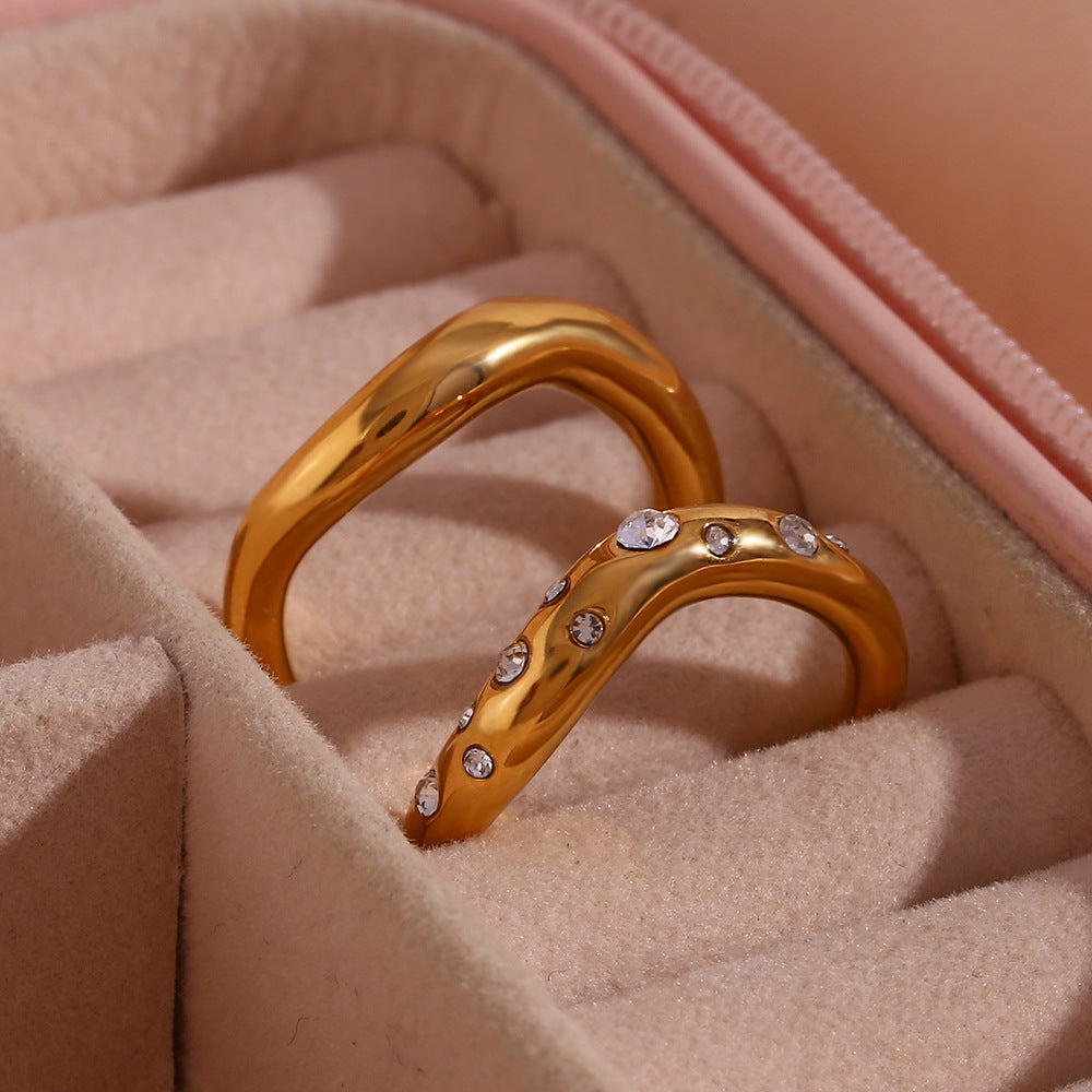 Minimalist Geometric Stainless Steel Ring with 18K Gold Plating and Micro-Pave Curved Design for Women