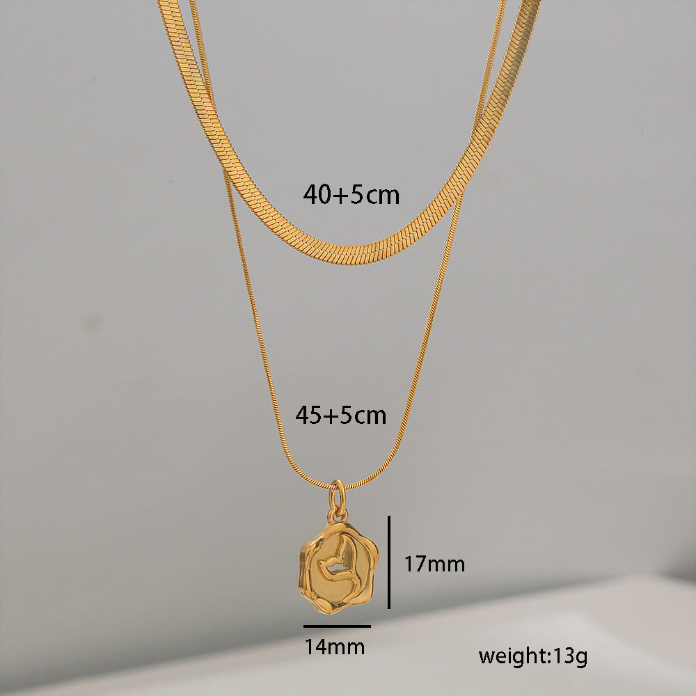 Fashionable Two-Tier Snake Chain Necklace with Titanium Steel Mermaid Tail Pendant for Women, Electroplated Stainless Steel Jewelry