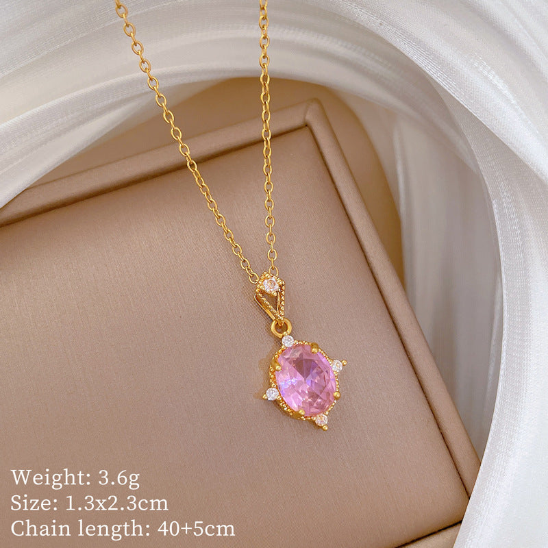Collar de acero inoxidable con forma de rombo rosa para mujer, incrustaciones completas de diamantes de imitación, delicada cadena a la clavícula de estilo dulce y fresco
