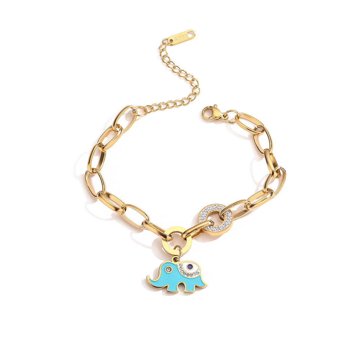 Minimalist Elephant Heart Geometric Titanium Steel Bracelet for Women with Rhinestone Inlay and Enamel Finish