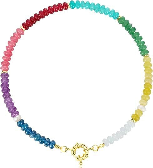 Sweet 8mm Natural Stone Bead Necklace Stainless Steel Geometric Round Ball Chain for Women