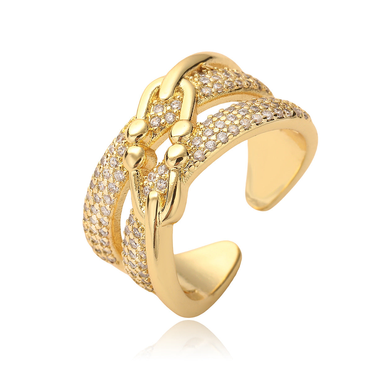Geometric Open Ring for Women with Zircon Inlay and Electroplated Copper Finish, Fashionable Minimalist Statement Jewelry