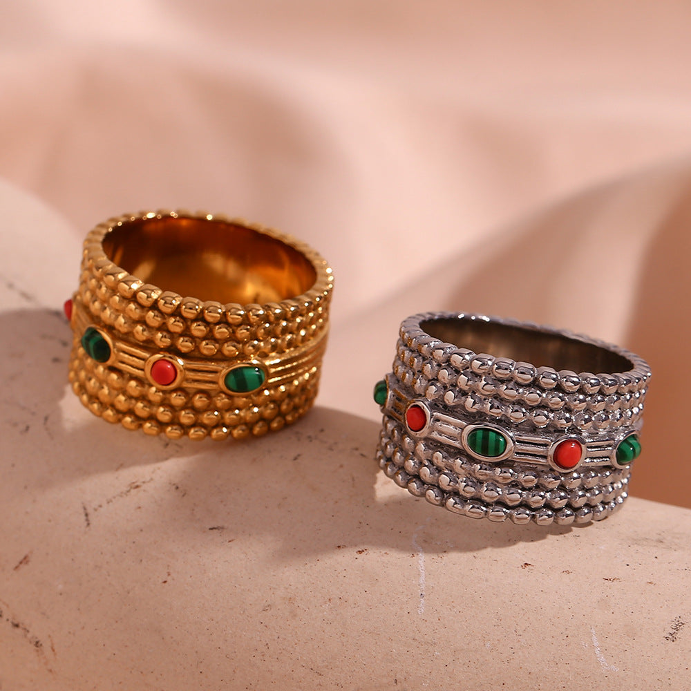Bohemian Vintage Geometric Dot Pattern Ring for Women in Stainless Steel with 18K Gold Plating and Natural Stone Accent