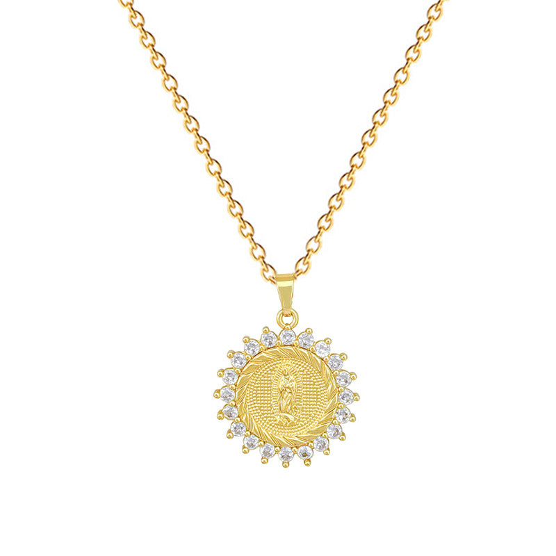 Sweet Round Geometric Rhinestone Inlay Titanium Steel Necklace with Brass Pendant for Unisex