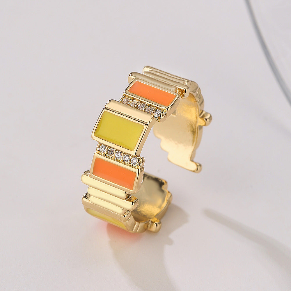 Geometric Open Ring for Women with Copper Base Plated in Real Gold Featuring Zircon Inlay and Enamel Finish
