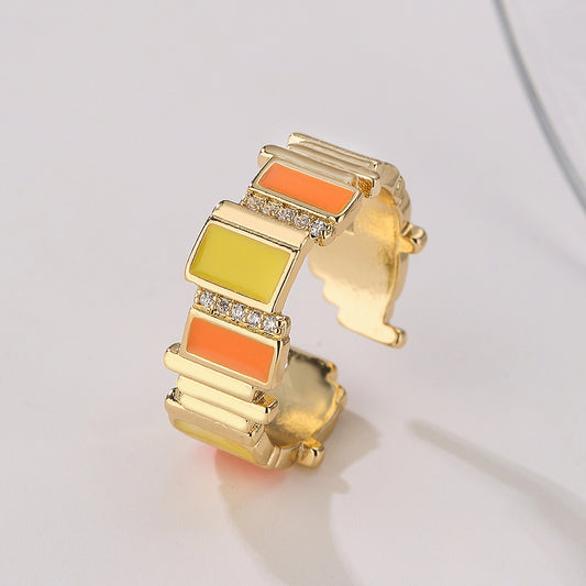 Geometric Open Ring for Women with Copper Base Plated in Real Gold Featuring Zircon Inlay and Enamel Finish