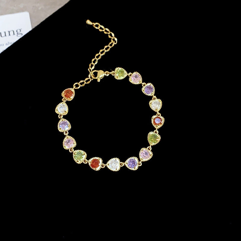 Elegant Heart Floral Brass Plated Inlaid Cubic Zirconia Bracelet for Women