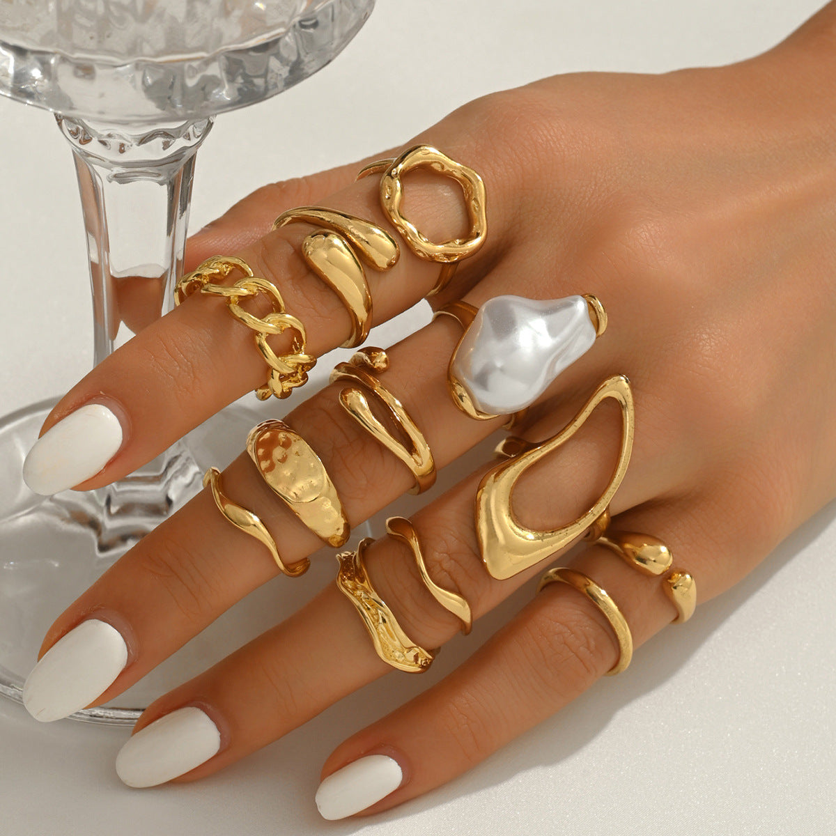 Minimalist Geometric Open Ring Set for Women in Zinc Alloy with Pearl Inlay, Fashionable Everyday Jewelry