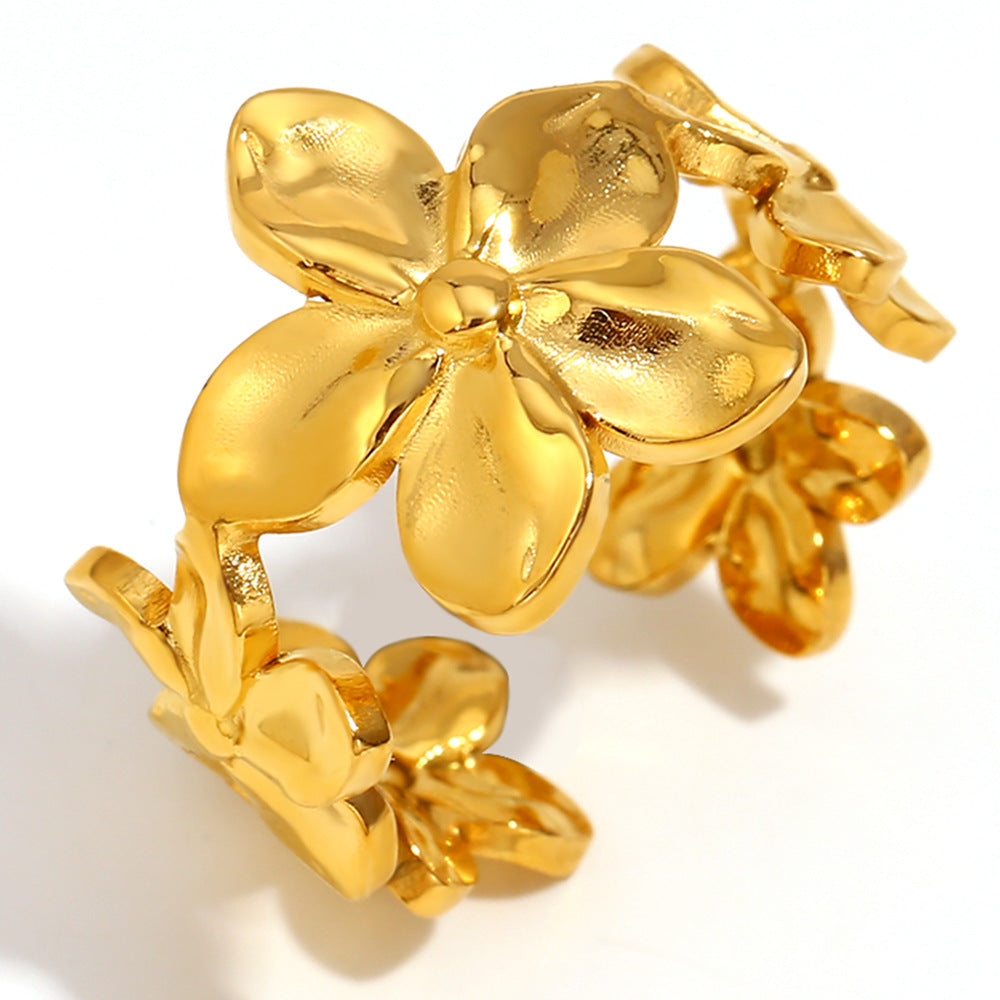 Fashionable Floral Open Ring in Stainless Steel with 18K Gold Plating for Women