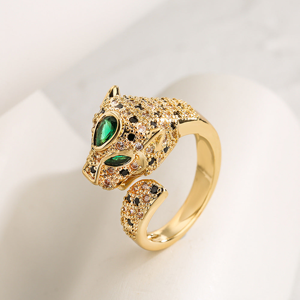 Anello aperto geometrico alla moda da donna con base in rame placcato in oro 18 carati e design a leopardo con zirconi micro-incastonati