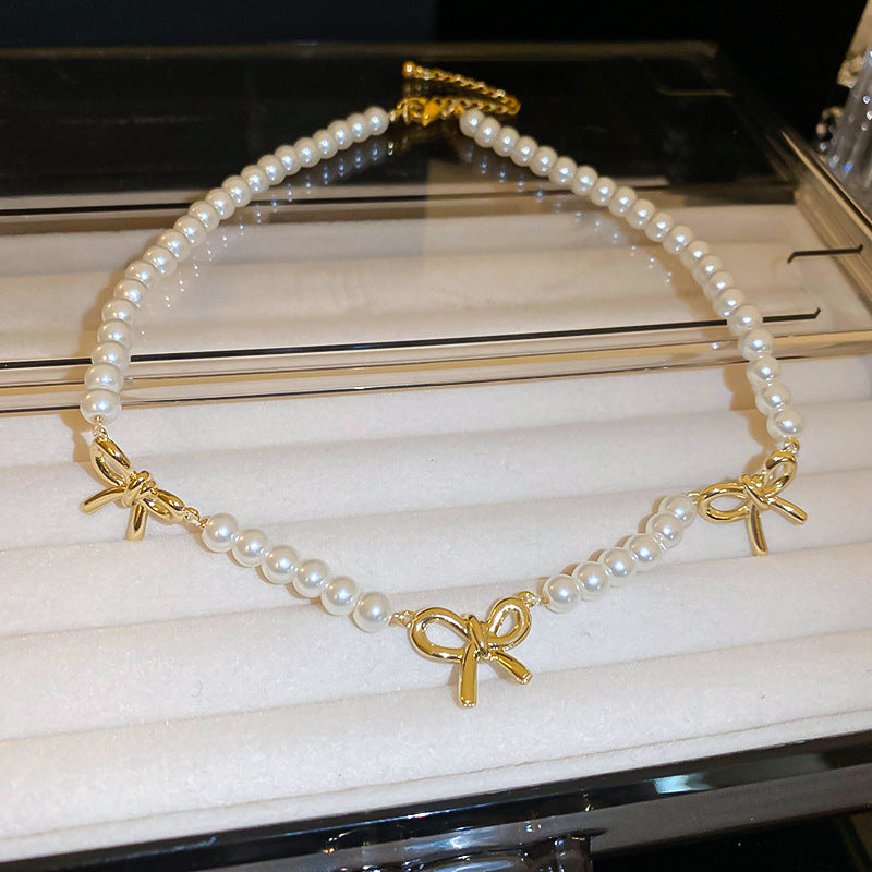 Vintage Sweet Heart Alloy Simulated Pearl Necklace Snake Chain