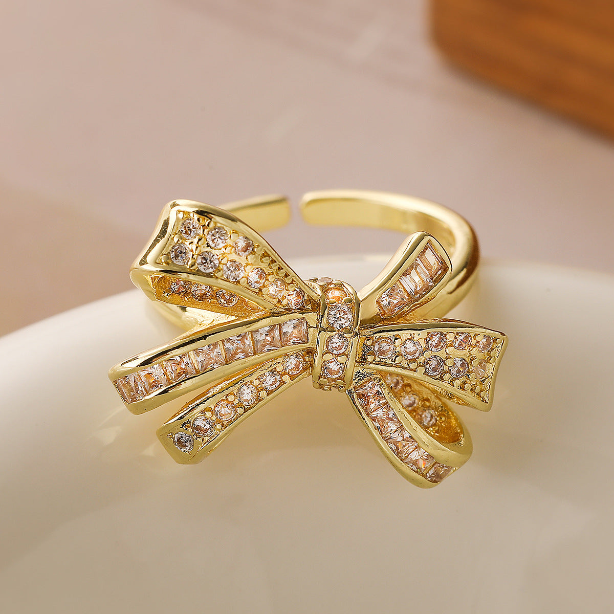 Minimalist Bowknot-Shaped Ring for Women Made of Copper with Micro-Pavé Zirconia Accents