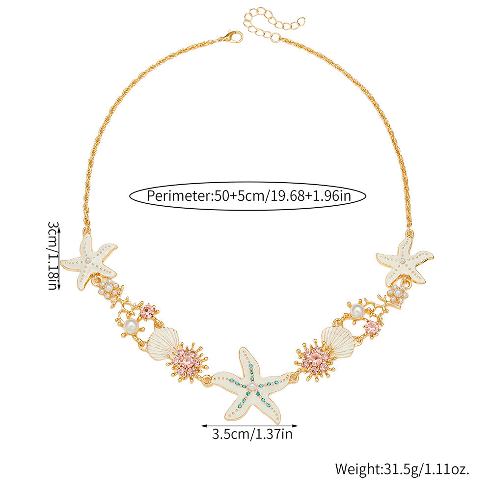 Sweet Colorful Drip Oil Alloy Starfish Shell Pearl Pendant Necklace for Women