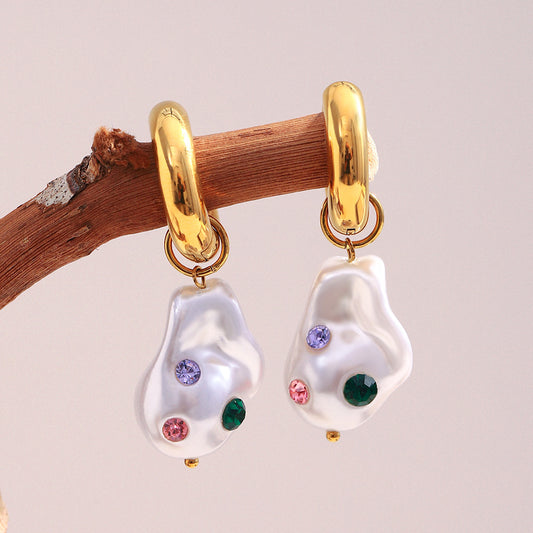 Vintage French Style Geometric Stainless Steel 18K Gold Plated Ear Rings for Women with Colorful Rhinestones and Simulated Pearls