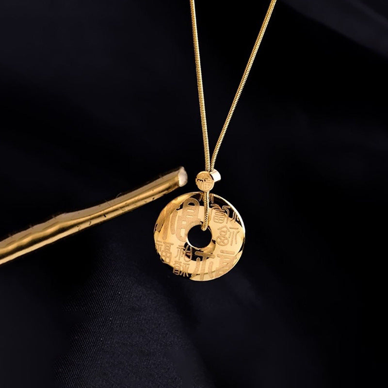 Chinese Style Feng Shui Fu Character Geometric Pendant Necklace in Titanium Steel with 18K Gold Plating for Women