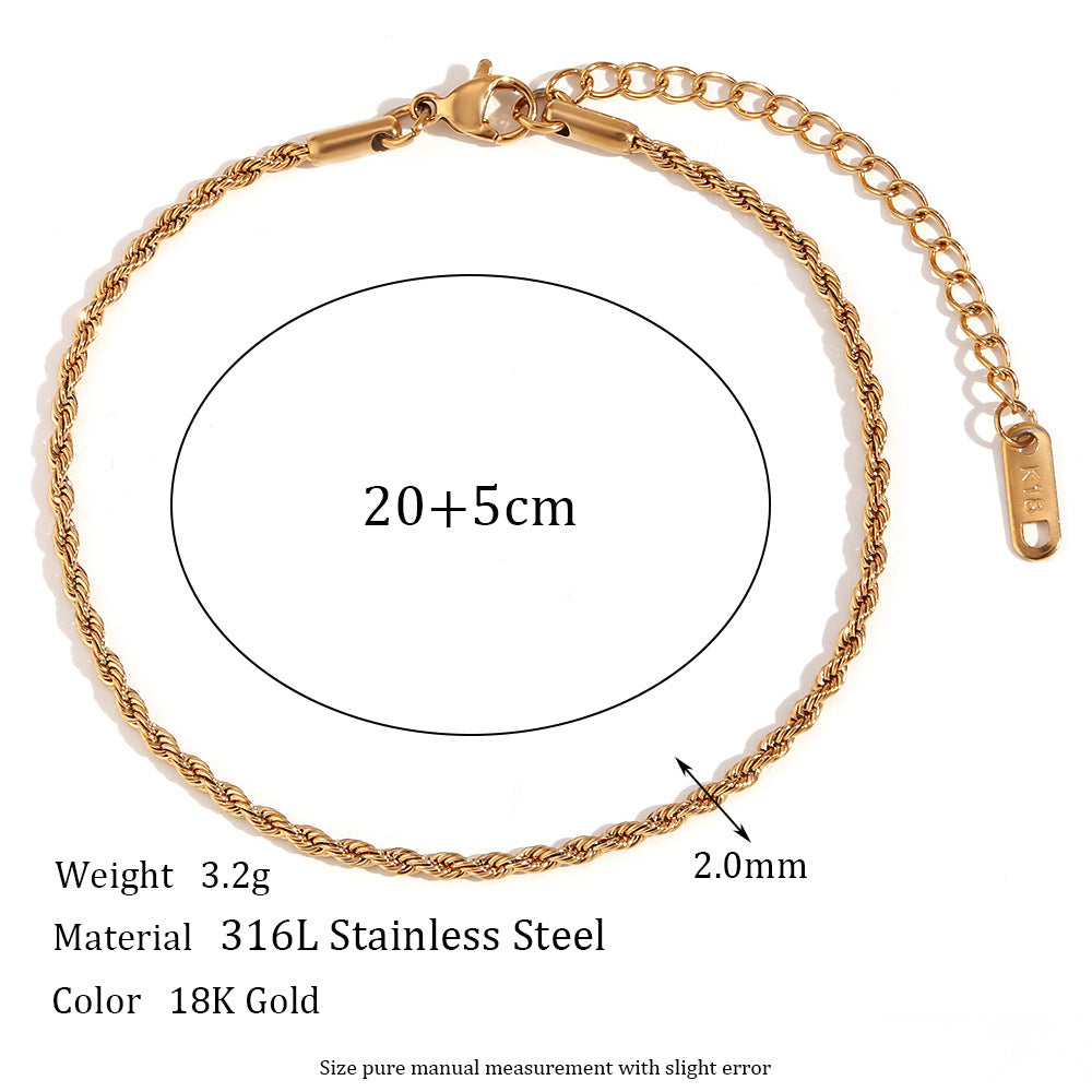 Minimalist Geometric Stainless Steel 18K Gold Plated 2mm Rope Chain Anklet for Women