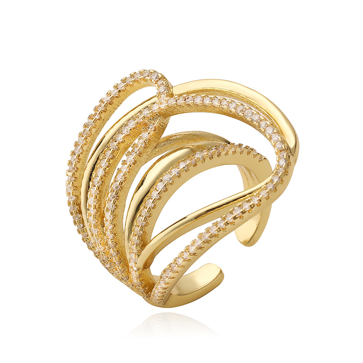 Anello in Rame dalla Forma Geometrica Irregolare, Placcato Oro 18K, con Intarsio di Zirconi, da Donna, Fascia di Tendenza