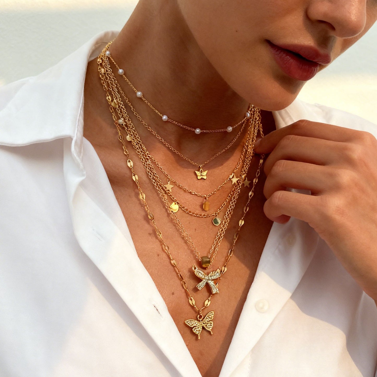 Minimalist Elegant Alloy Plated Heart Butterfly Bow Necklace Set with Imitation Pearl for Women