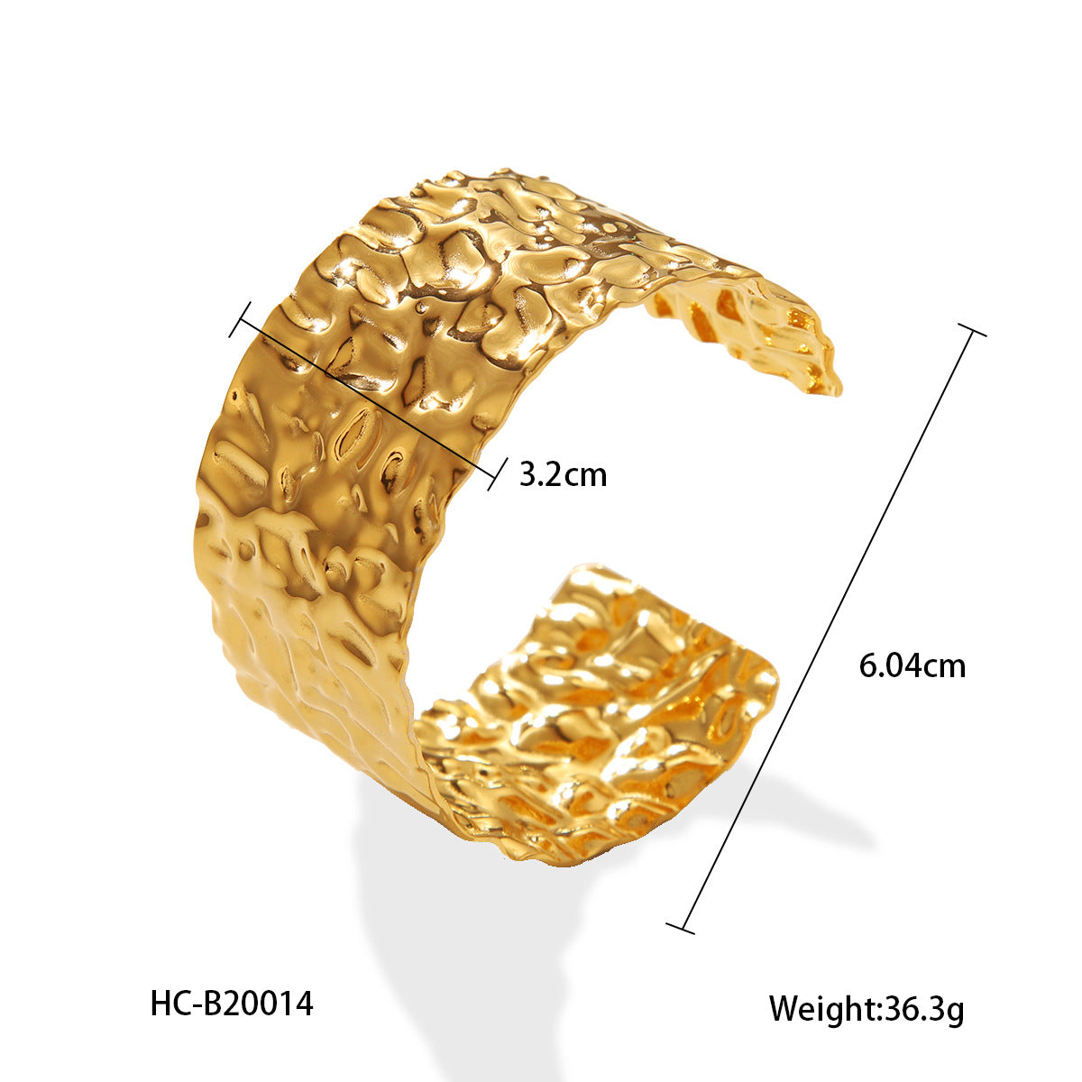 Personalized Exaggerated Hammered Wide Surface 18K Gold Plated Stainless Steel Open Cuff Bracelet for Women