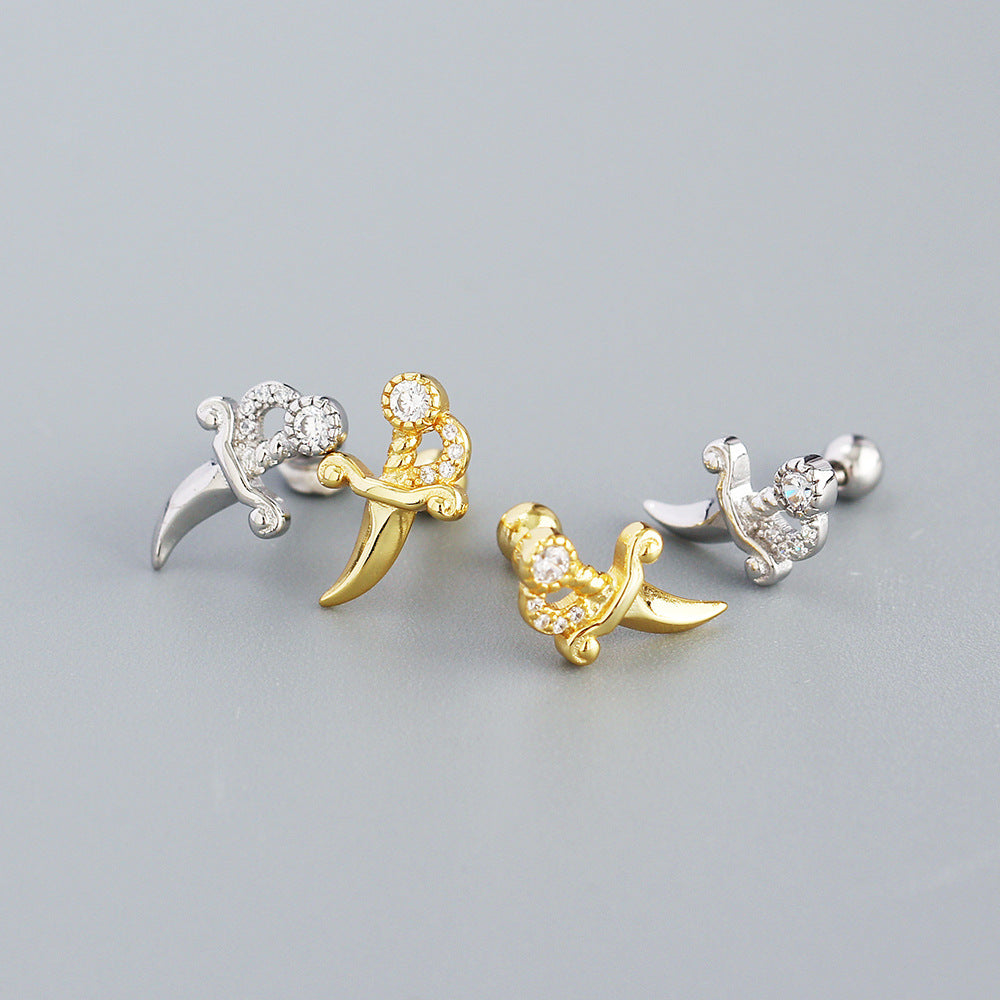 Orecchini a perno geometrici minimalisti a forma di pugnale in argento sterling S925 con intarsi in strass da donna