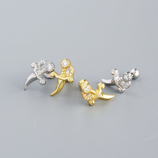 Minimalist Geometric Dagger-Shaped S925 Sterling Silver Stud Earrings with Rhinestone Inlay for Women