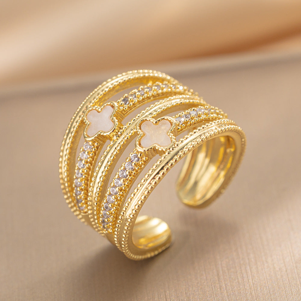 Luxury Minimalist Adjustable Open Ring for Women with Gold-Plated Copper Band and Zircon Stone Accent in Heart and Floral Shape
