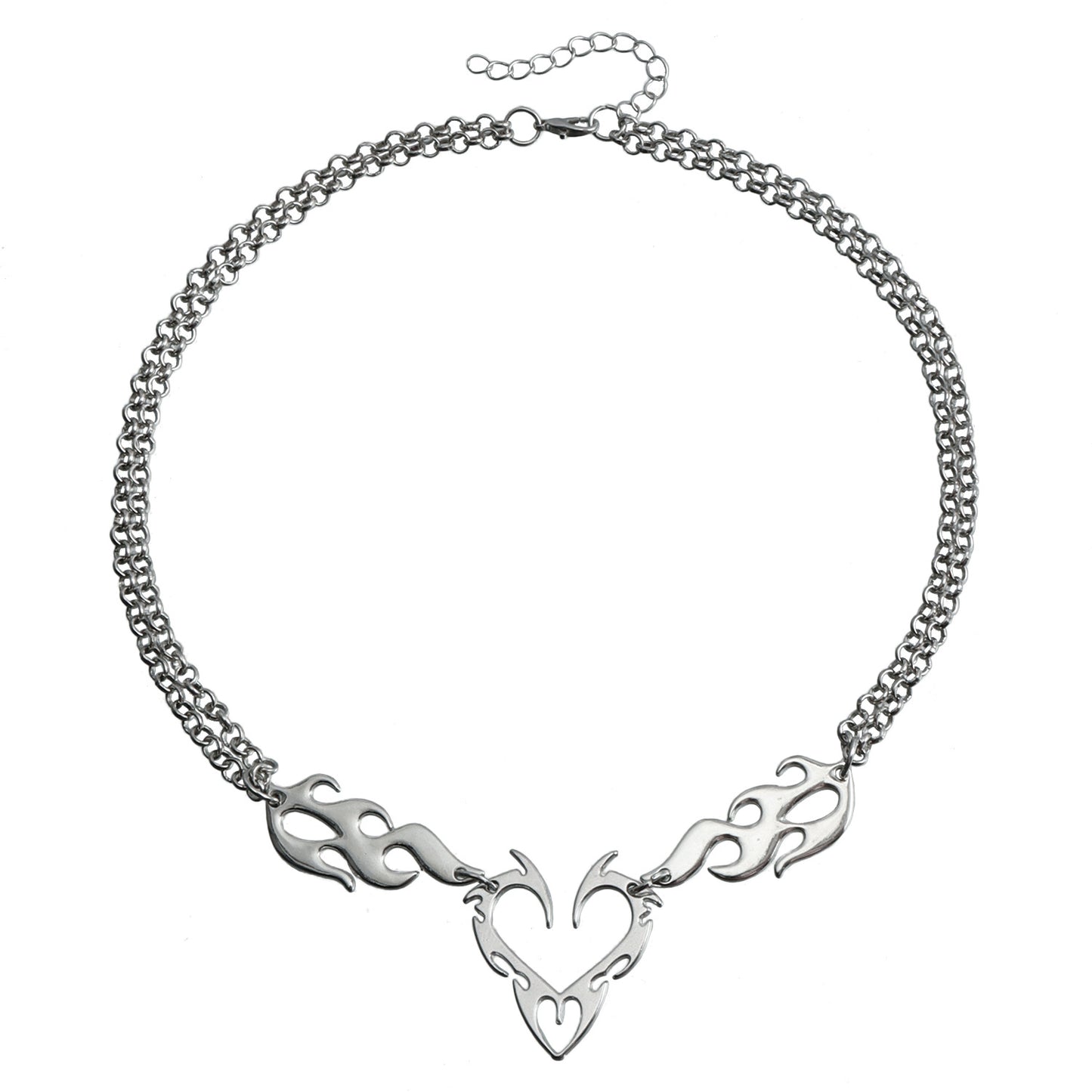 Edgy Hip-Hop Hollow Flame Heart Necklace for Women in Stainless Steel with Electroplated Alloy Pendant
