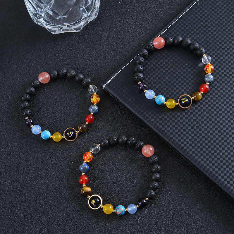 Unisex Zodiac Blue Sandstone Volcanic Stone Crystal Beaded Bracelet