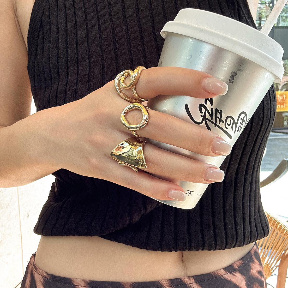 Minimalist Geometric Alloy Plated Ring Set for Women