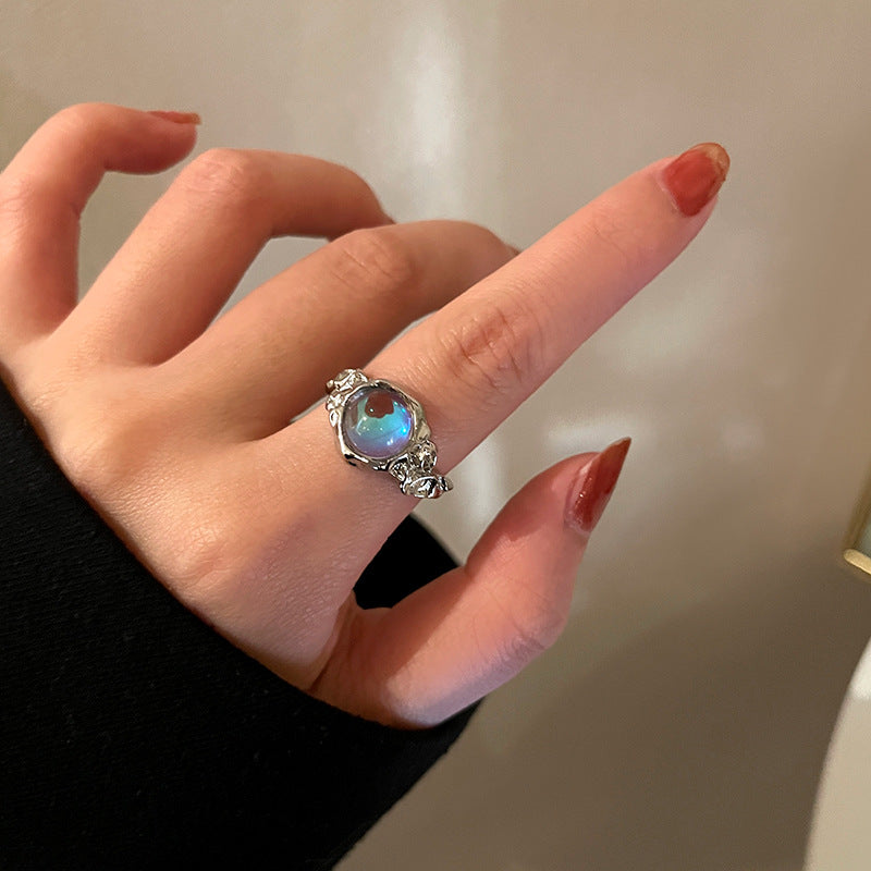 Anello Aperto Regolabile con Accento di Cristallo di Pietra di Luna in Acciaio al Titanio Placcato per Donna