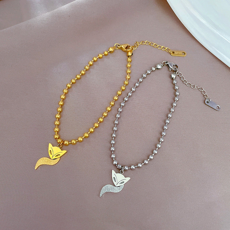 Pulsera Minimalista de Cola de Zorro con Cuentas para Mujer en Acero Titanio con Baño de Oro, Estilo Fresco y Dulce