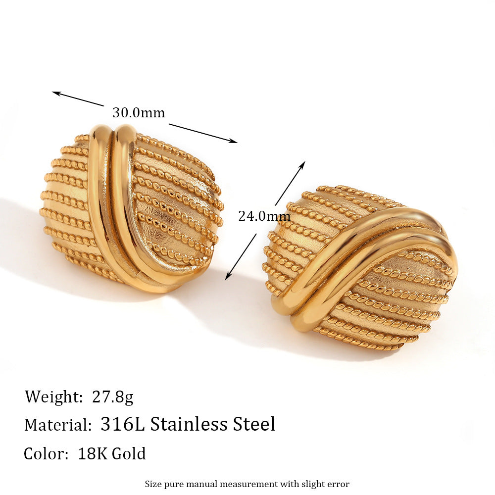 Vintage French-Style Geometric Stainless Steel Earrings with 18K Gold Plating for Women