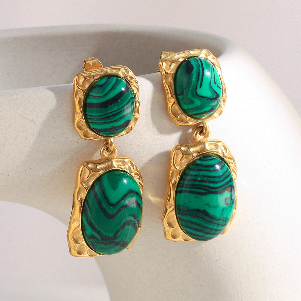 Orecchini di lusso geometrici in acciaio inossidabile con placcatura in oro 18 carati e pendente in malachite