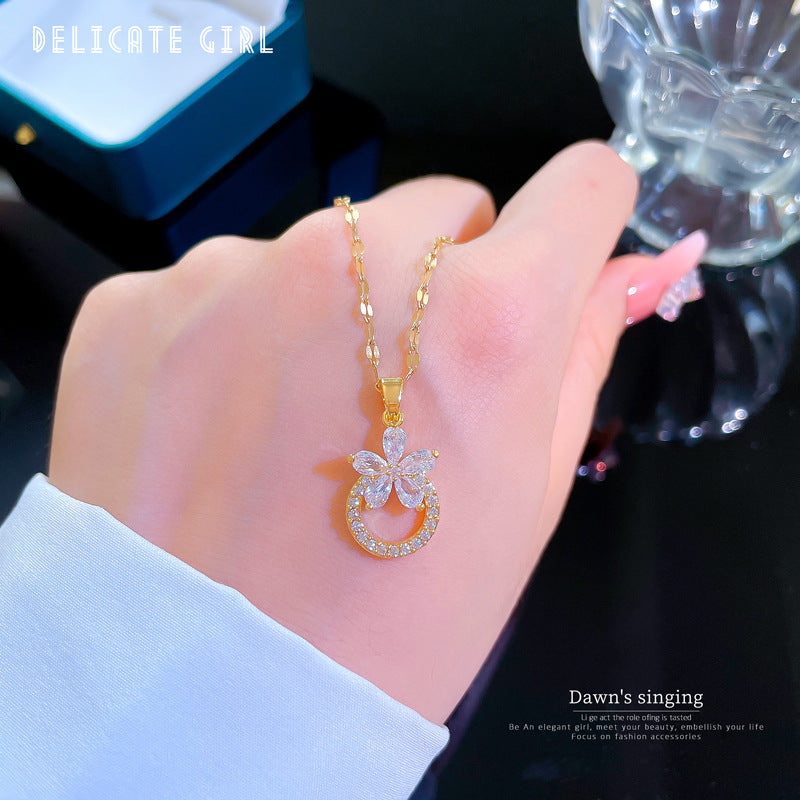 Floral Geometric Titanium Steel Clavicle Necklace with Rhinestone Inlay for Women and Men