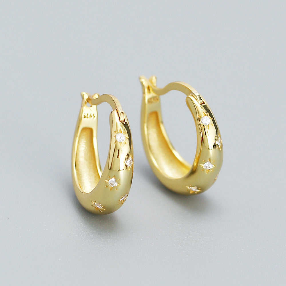 Vintage Minimalist 925 Sterling Silver Polished Round Geometric Hoop Earrings with Cubic Zirconia Inlay