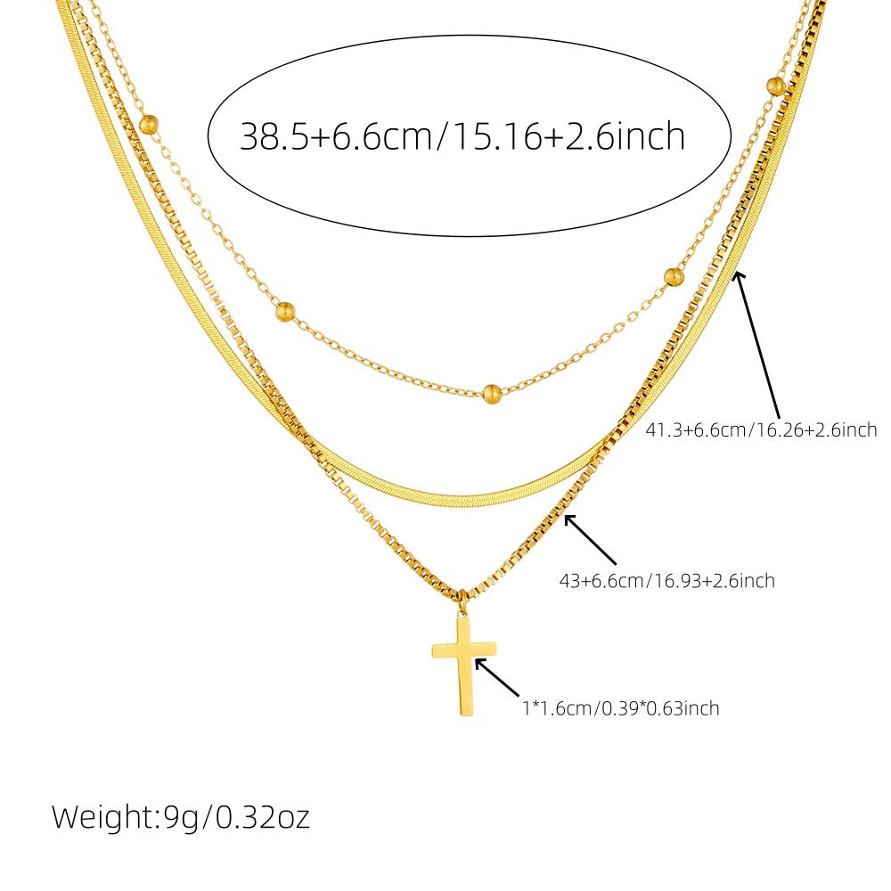 Fashion Gold Plated Cross Stainless Steel Pendant Multi-layer Cable Chain Necklace for Women