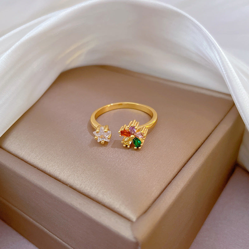 Anello aperto minimalista floreale placcato oro da donna con strass a forma di corona, ideale come regalo di compleanno