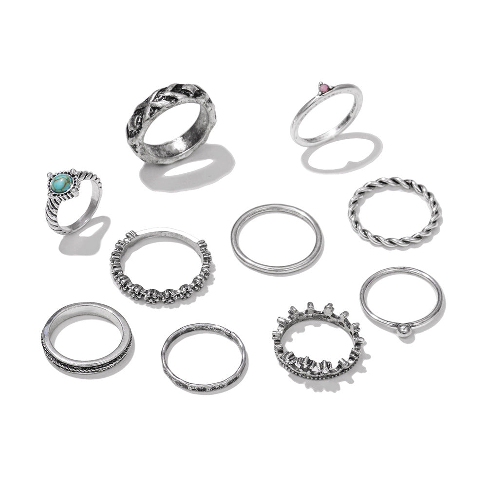 Vintage Geometric Hollow Turquoise Inlay Alloy Ring Set