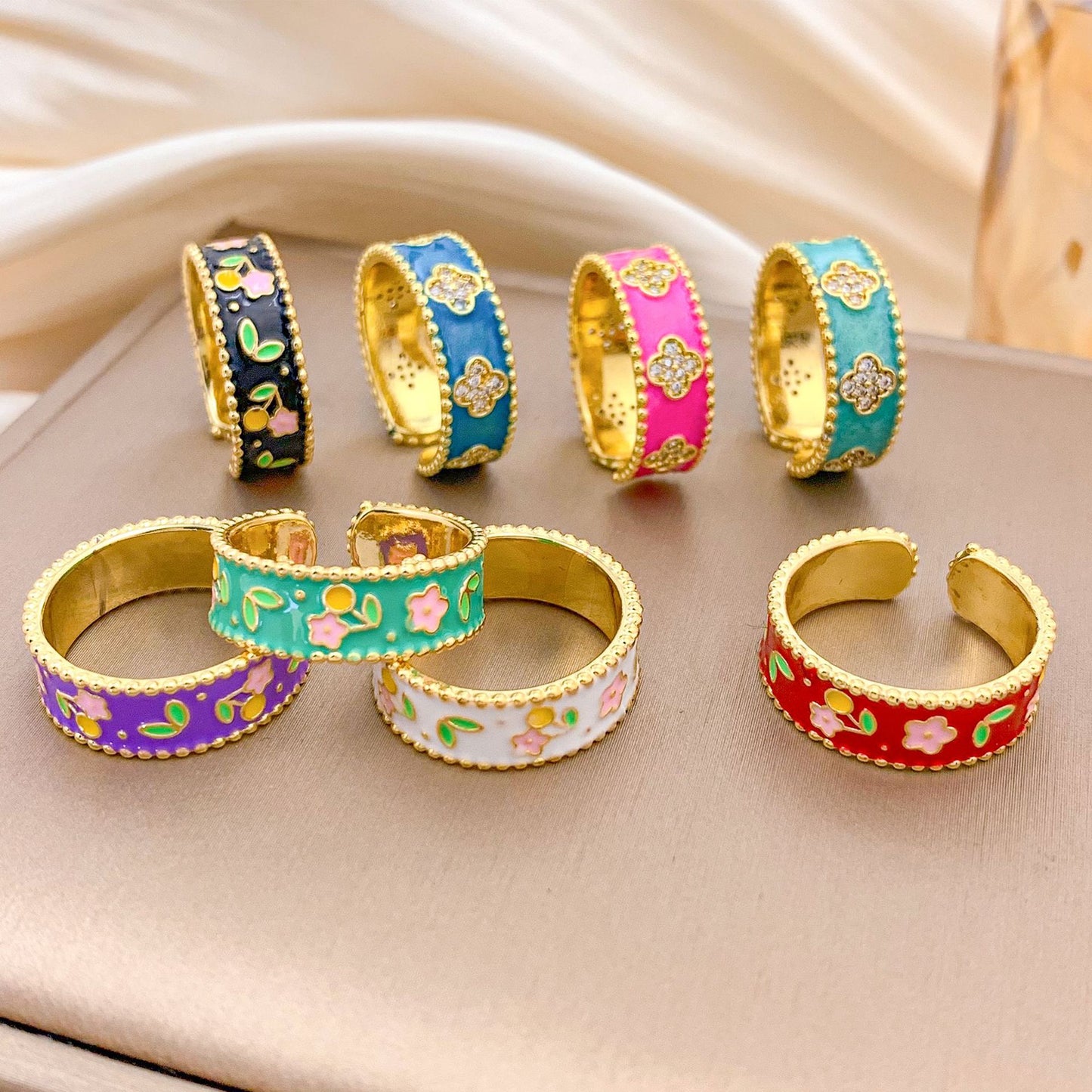 Vintage Elegant Floral Enamel Plated Alloy Ring for Women