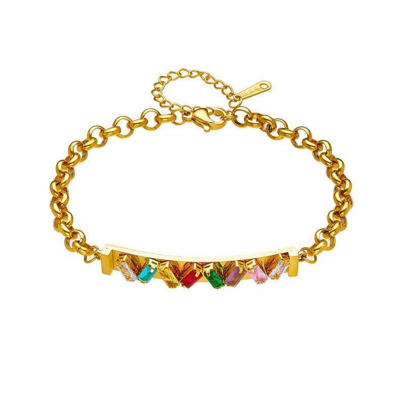 Vintage Fashionable Colorful Transparent Rhinestone-Embellished Bar-Shaped Titanium Steel Bracelet with Plated Finish