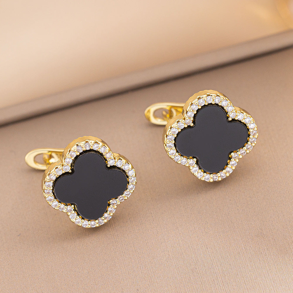 Luxury Clover-Shaped Ear Studs with Gold-Plated Copper Base and Rhinestone Inlay for Women