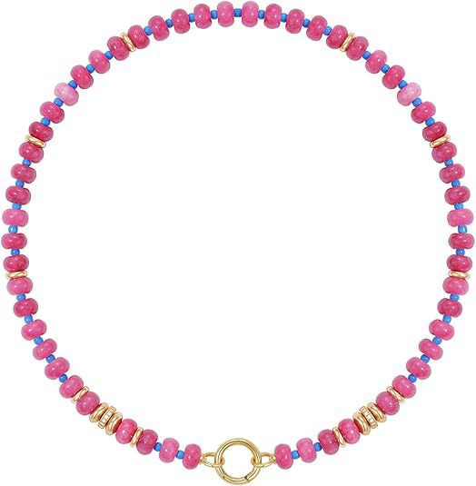 Sweet 8mm Natural Stone Bead Necklace Stainless Steel Geometric Round Ball Chain for Women