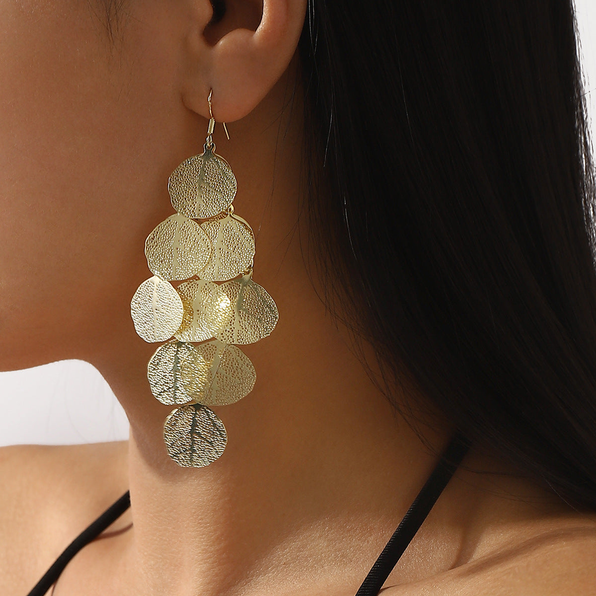 Pendientes de hoja con borla extragrande de moda para mujer con acabado de hierro galvanizado