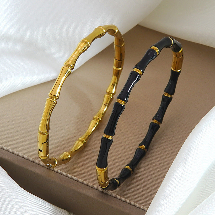 Luxury Geometric Bamboo Joint Stainless Steel Drip Oil 18K Gold Plated Bracelet