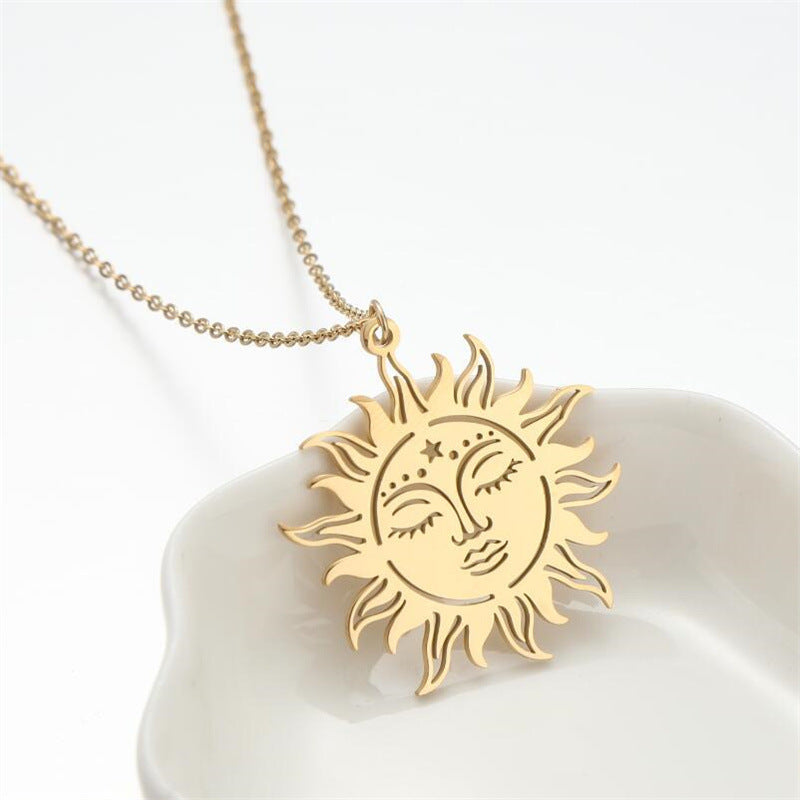 Elegant Greek Sun Goddess Pendant Necklace in Stainless Steel with Polished Finish, Geometric Design, Floral Daisy Motif, for Women