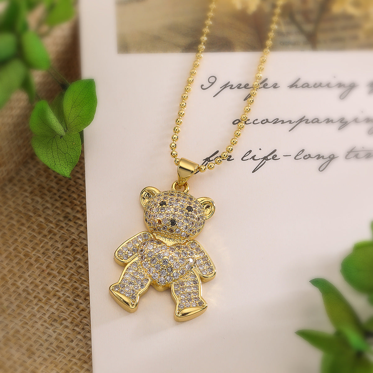 Collana Pendente Minimalista a Orsetto in Rame con Placcatura in Oro e Zircone per Donna