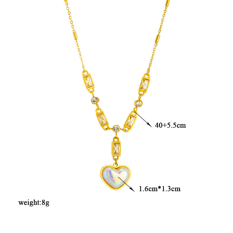 Vintage Elegant Rainbow Pearl Heart Pendant Necklace in Titanium Steel with Rhinestone Inlay and Plated Finish for Women