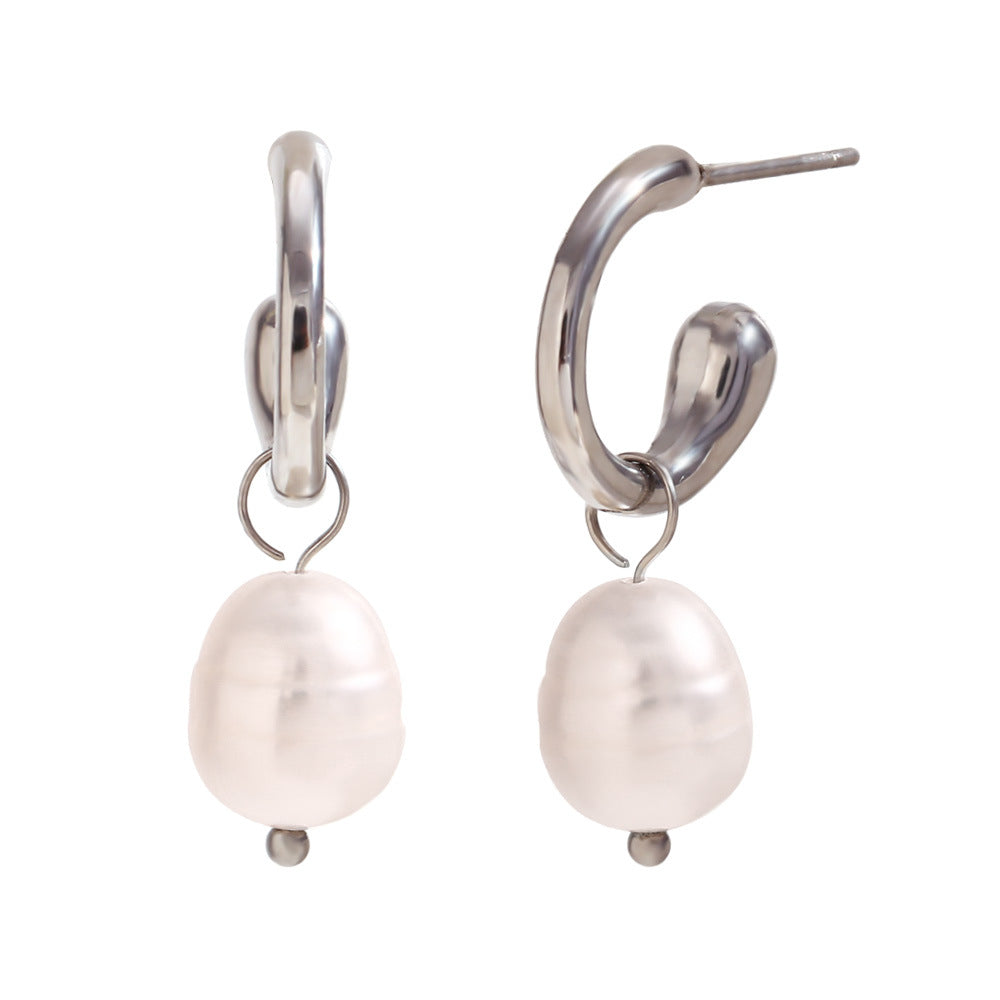 Orecchini da donna geometrici in acciaio inossidabile d'ispirazione vintage con placcatura in oro 18 carati e perle d'acqua dolce